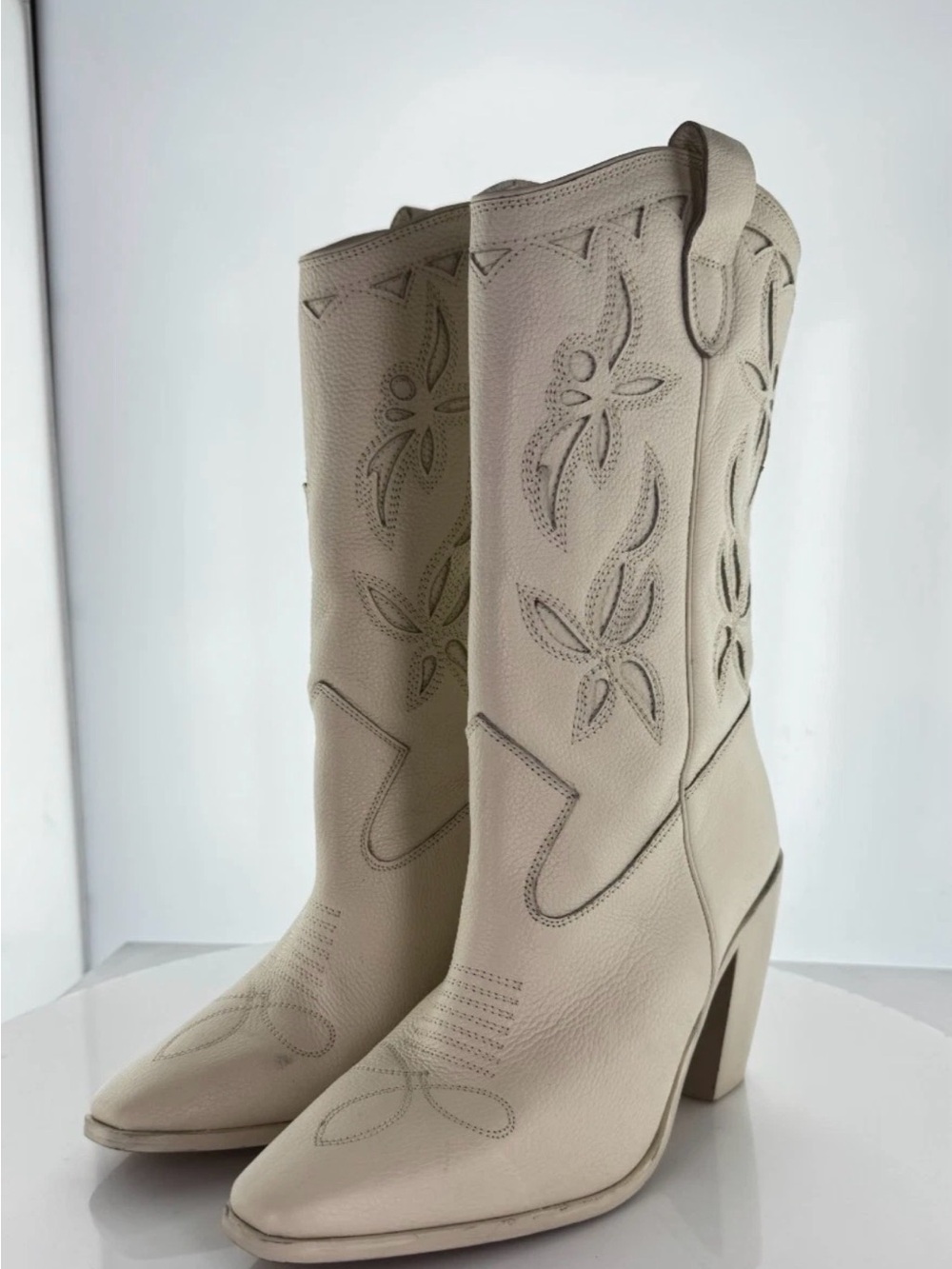 Vince Camuto Cream Embroidered Western Block-Heel Boots